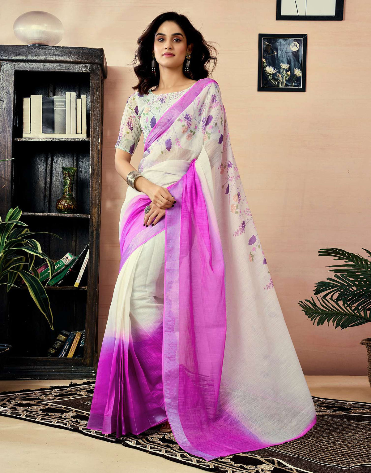 Ready to Wear White Chanderi Floral Printed Saree