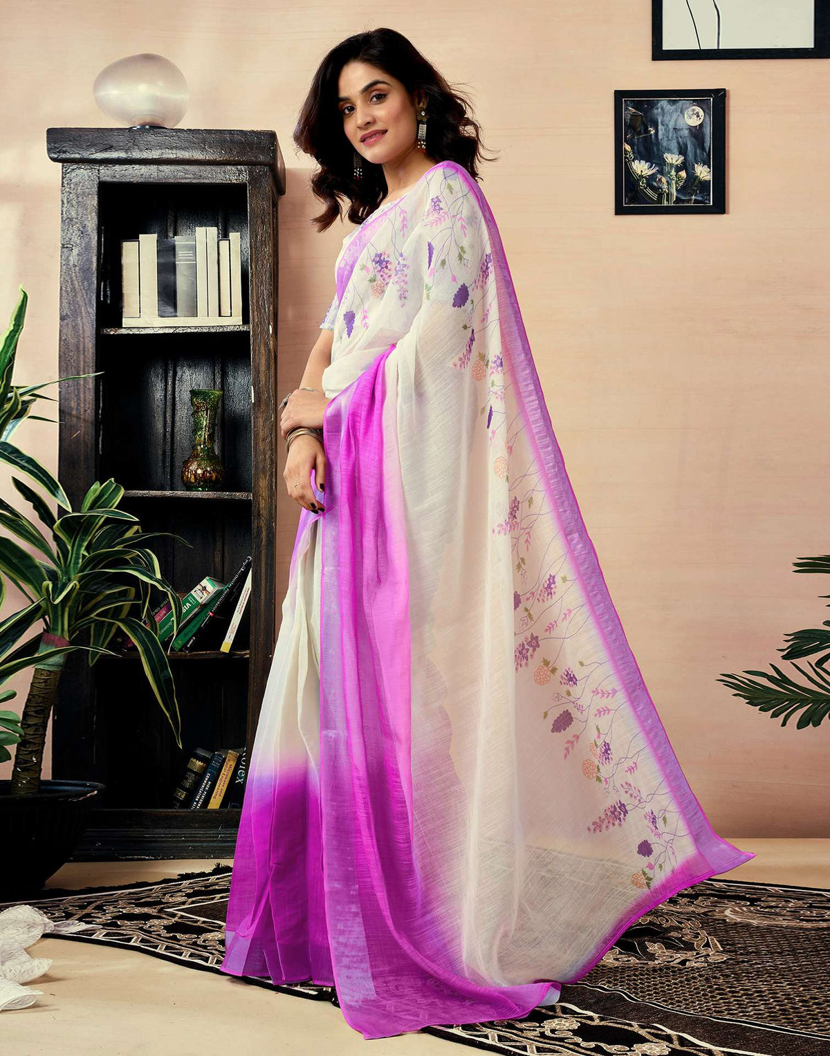 Ready to Wear White Chanderi Floral Printed Saree