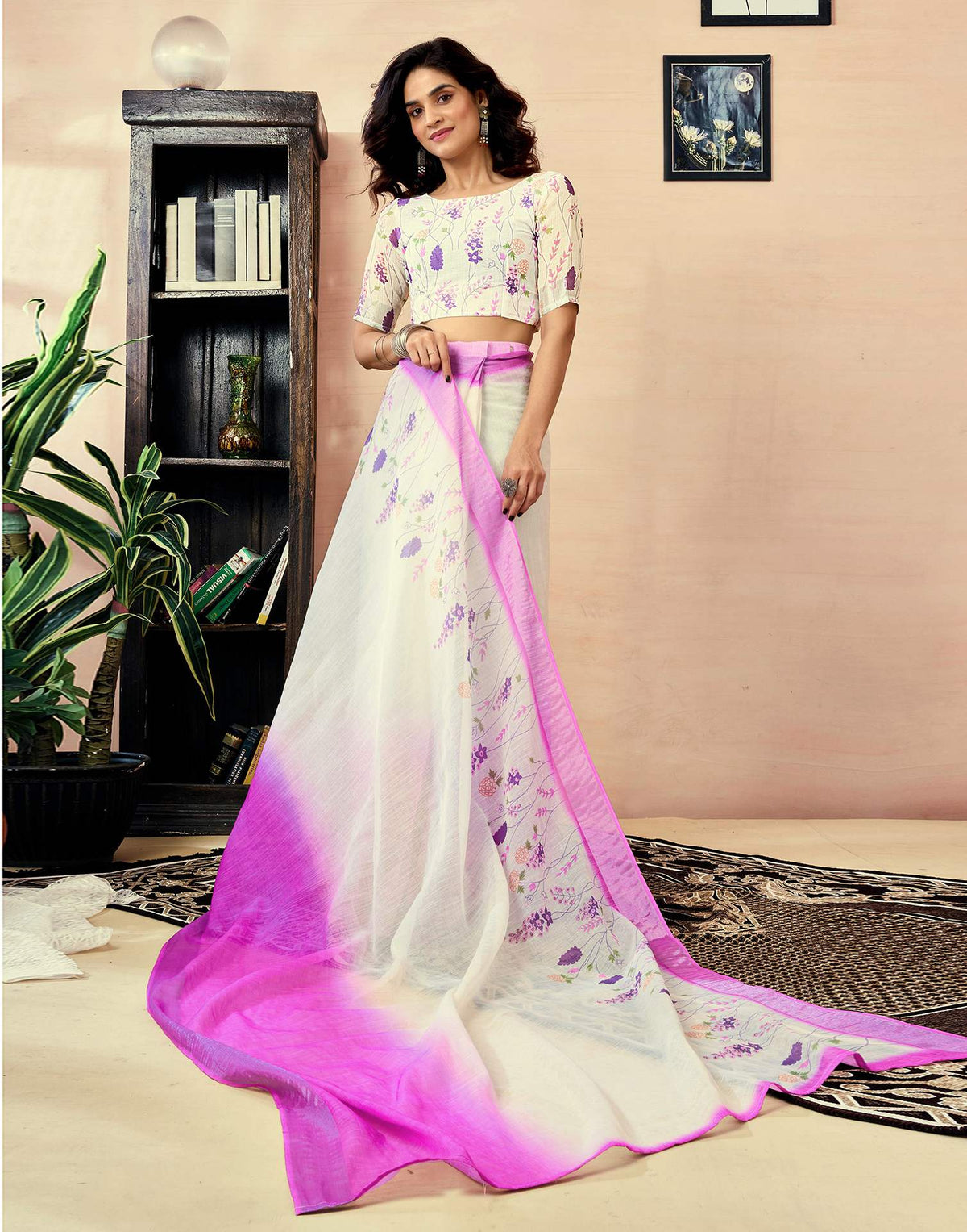 Ready to Wear White Chanderi Floral Printed Saree
