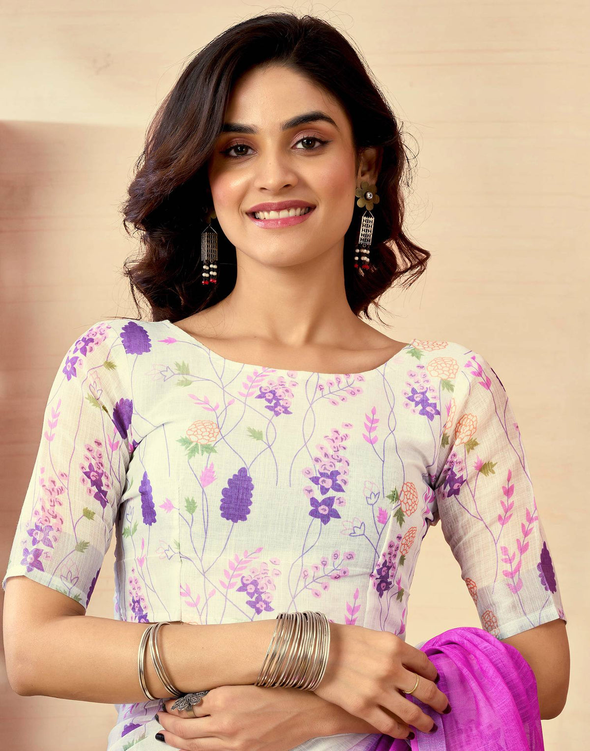 Ready to Wear White Chanderi Floral Printed Saree