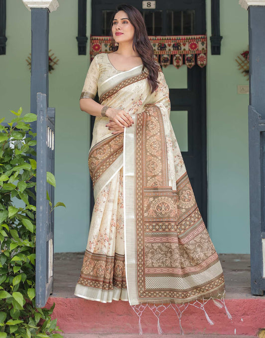 Cream Linen Printed Saree