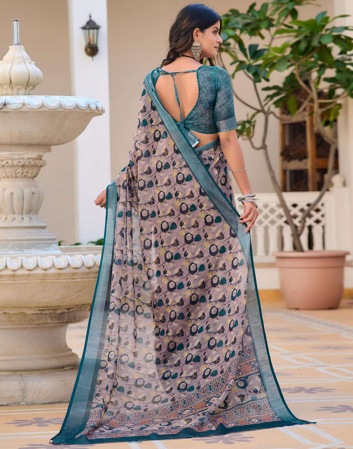 Mauve Cotton Linen Printed Saree