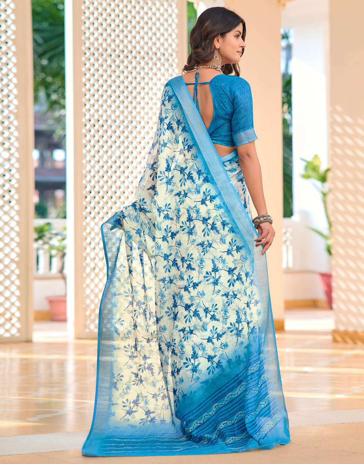 Off White Cotton Linen Printed Saree