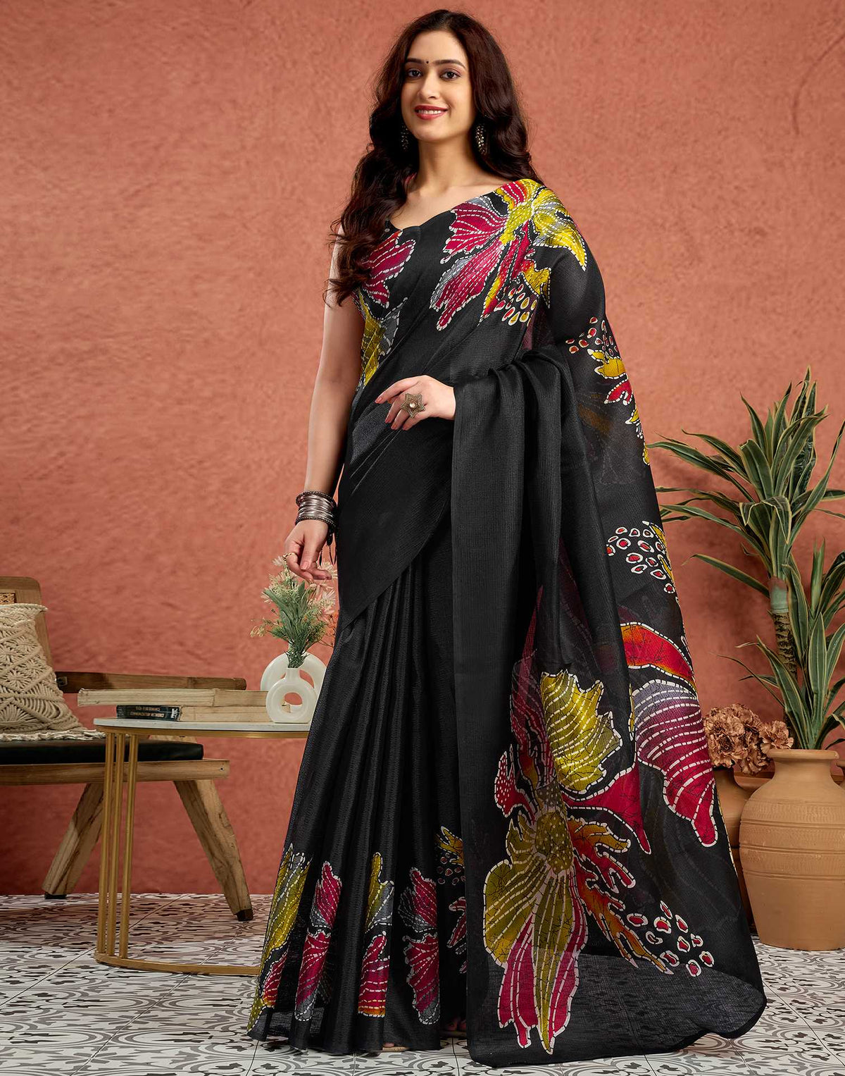 Black Vichitra Silk Printed Saree