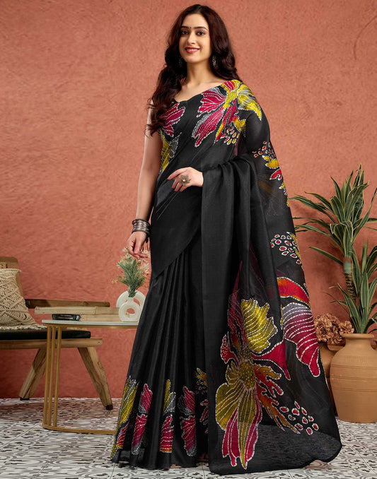 Black Vichitra Silk Printed Saree