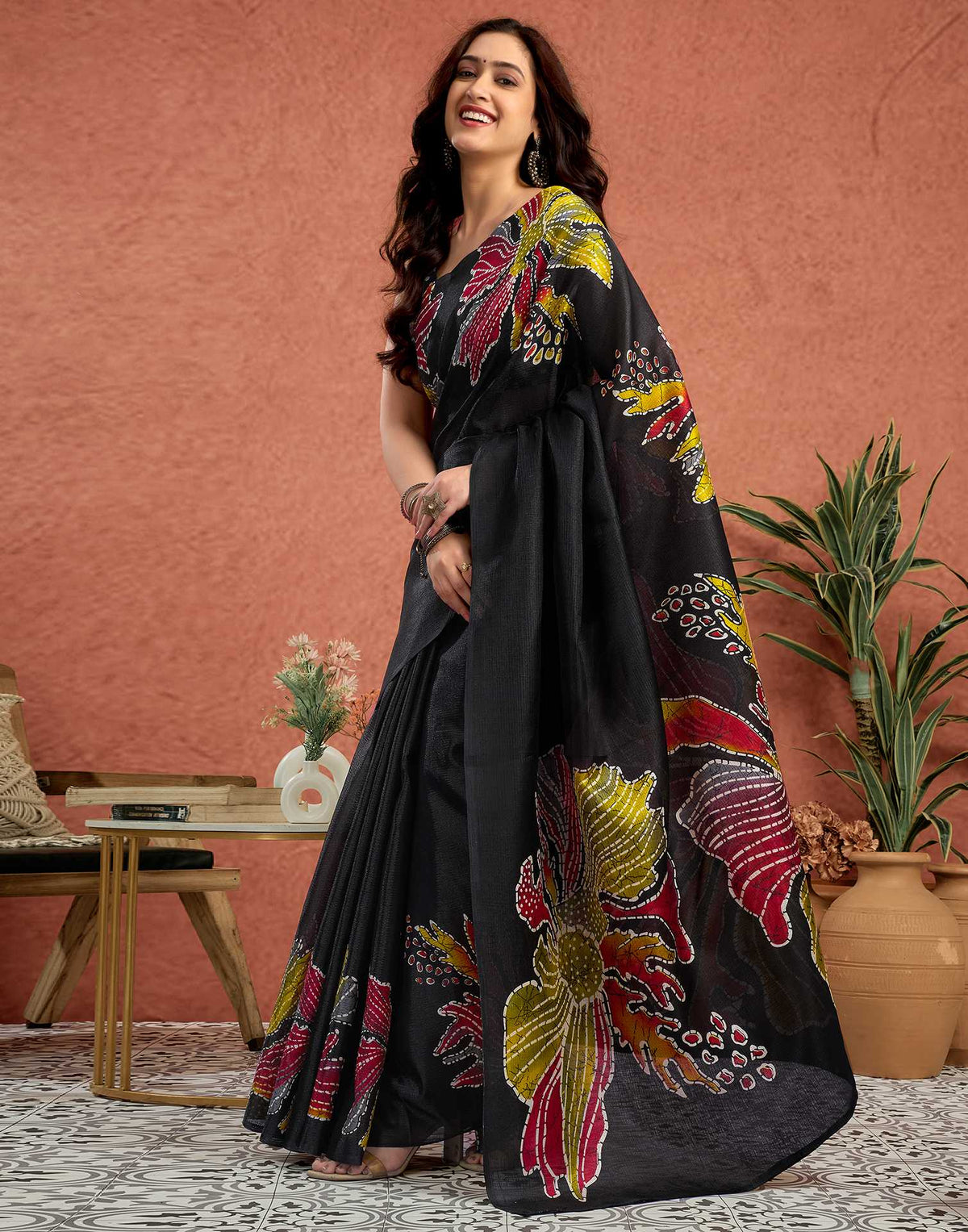Black Vichitra Silk Printed Saree