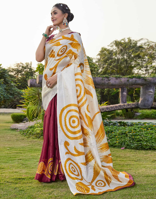 Off White Cotton Blend Printed Saree