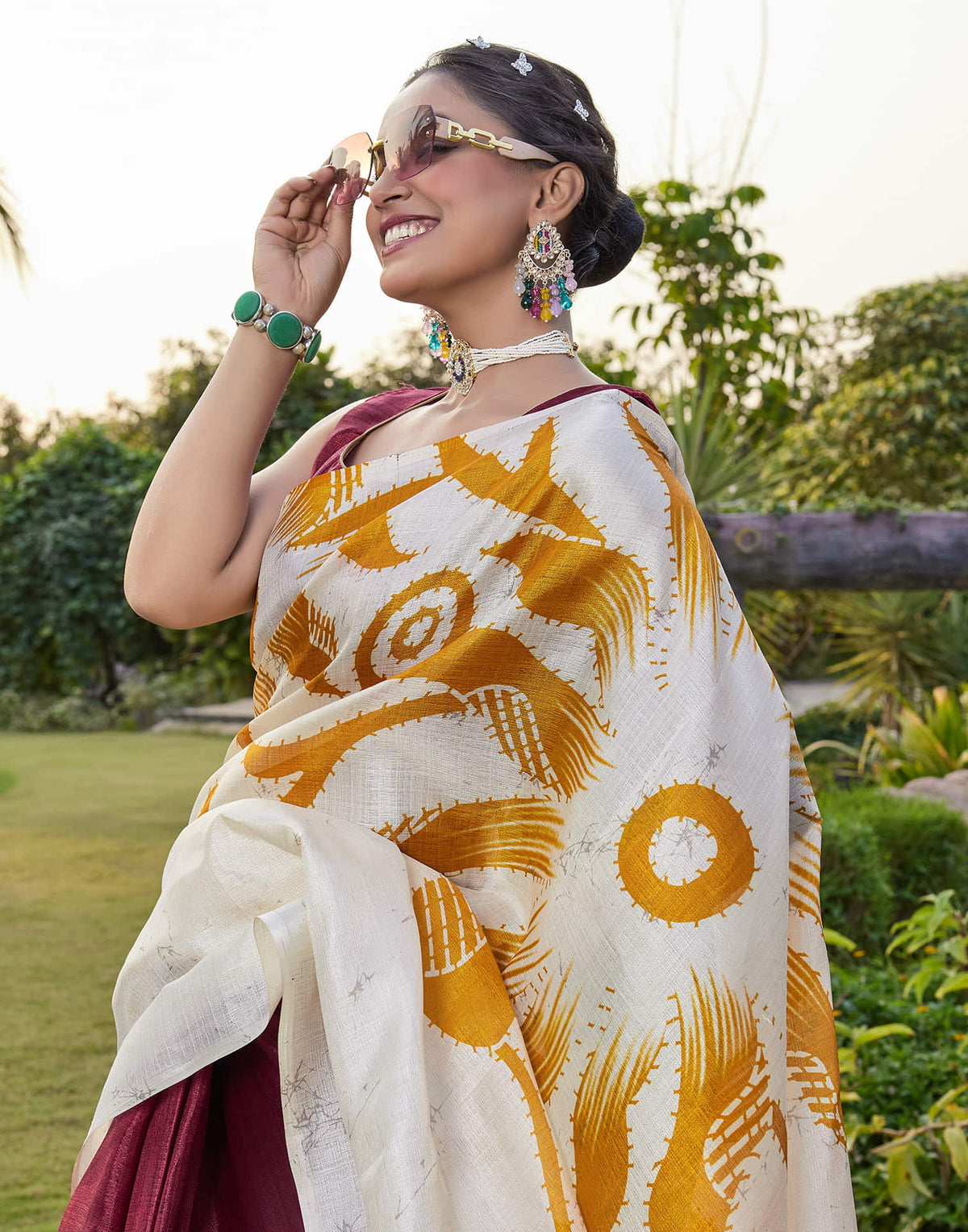 Off White Cotton Blend Printed Saree