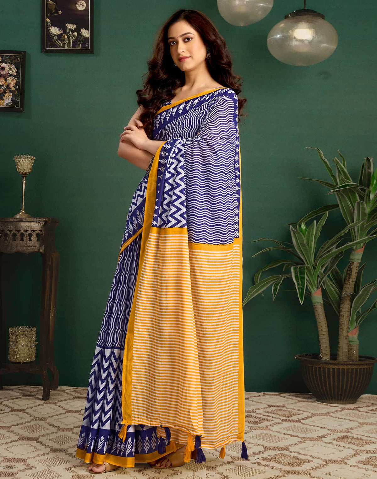 Blue Cotton Printed Saree