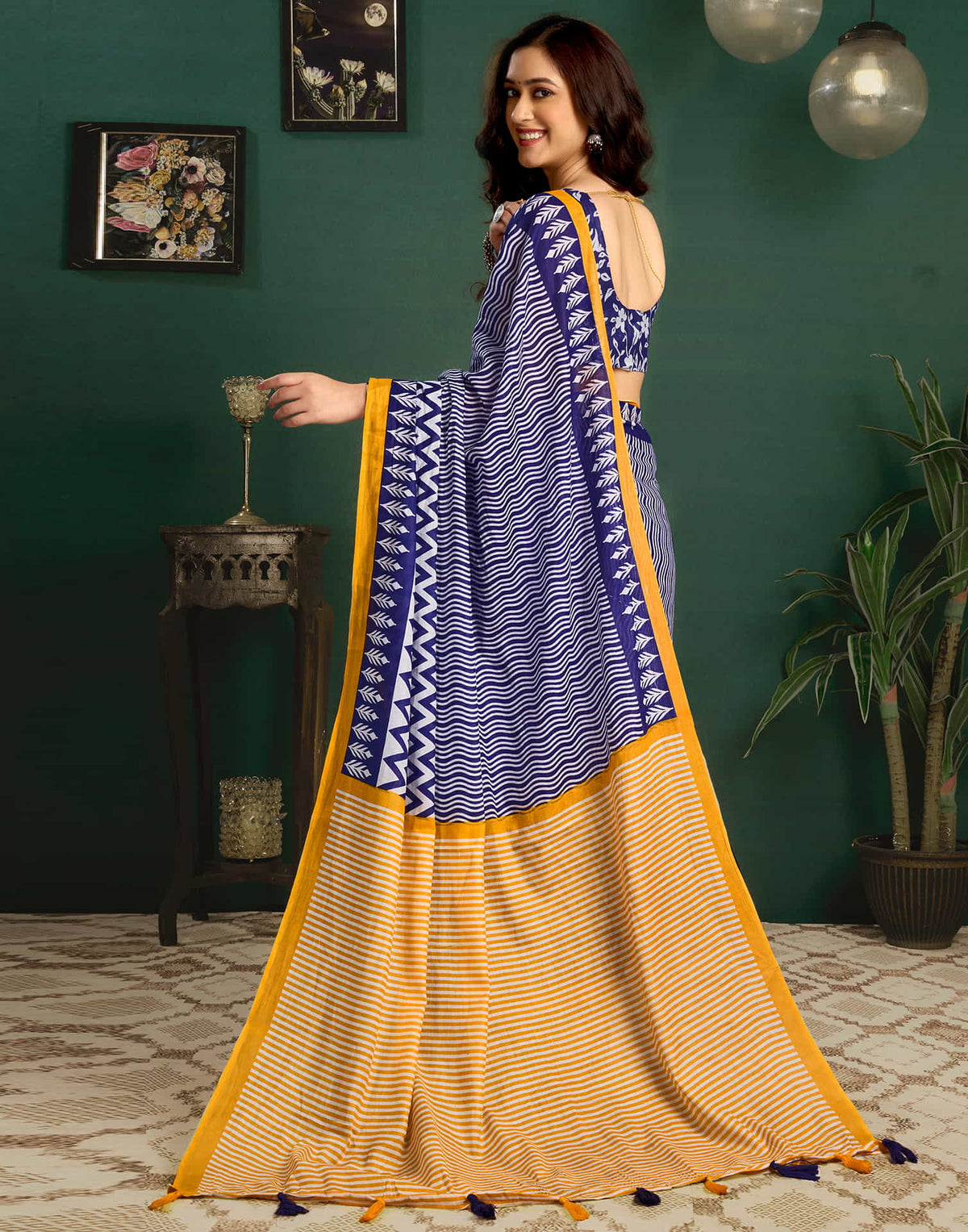 Blue Cotton Printed Saree