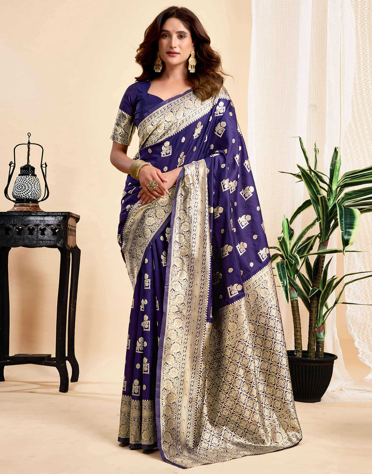Navy Blue Silk Woven Banarasi Saree