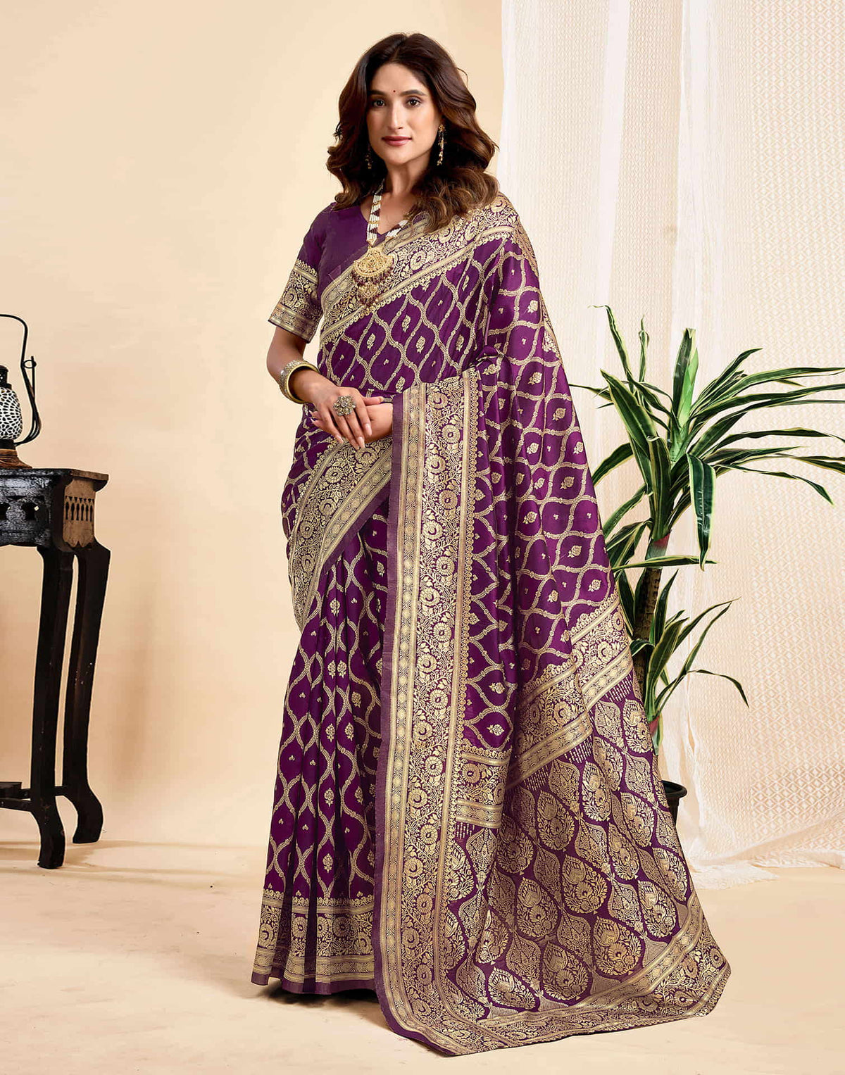 Wine Silk Woven Banarasi Saree