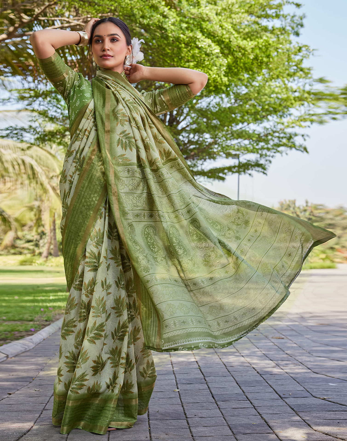 Light Green Chanderi Printed Saree