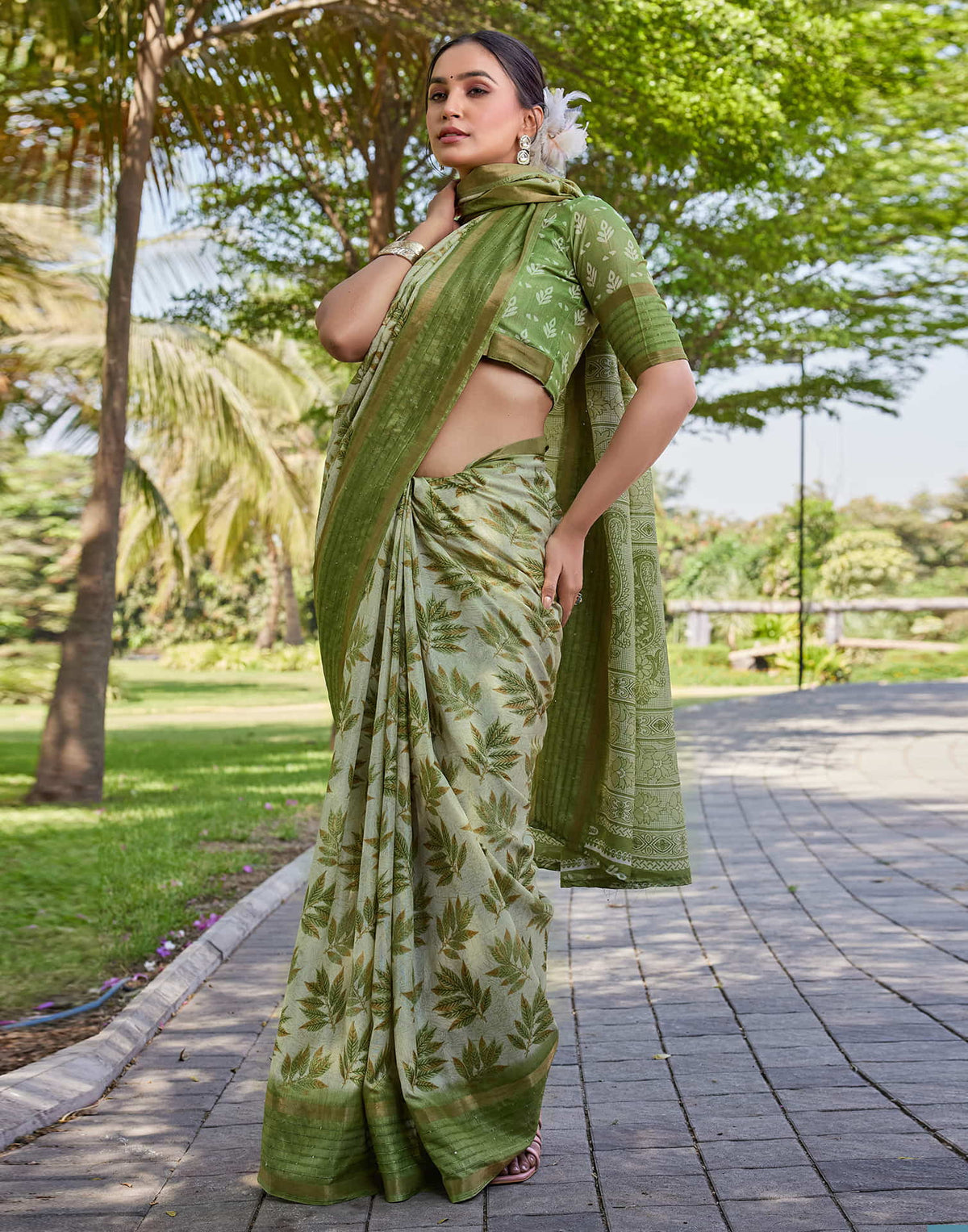Light Green Chanderi Printed Saree