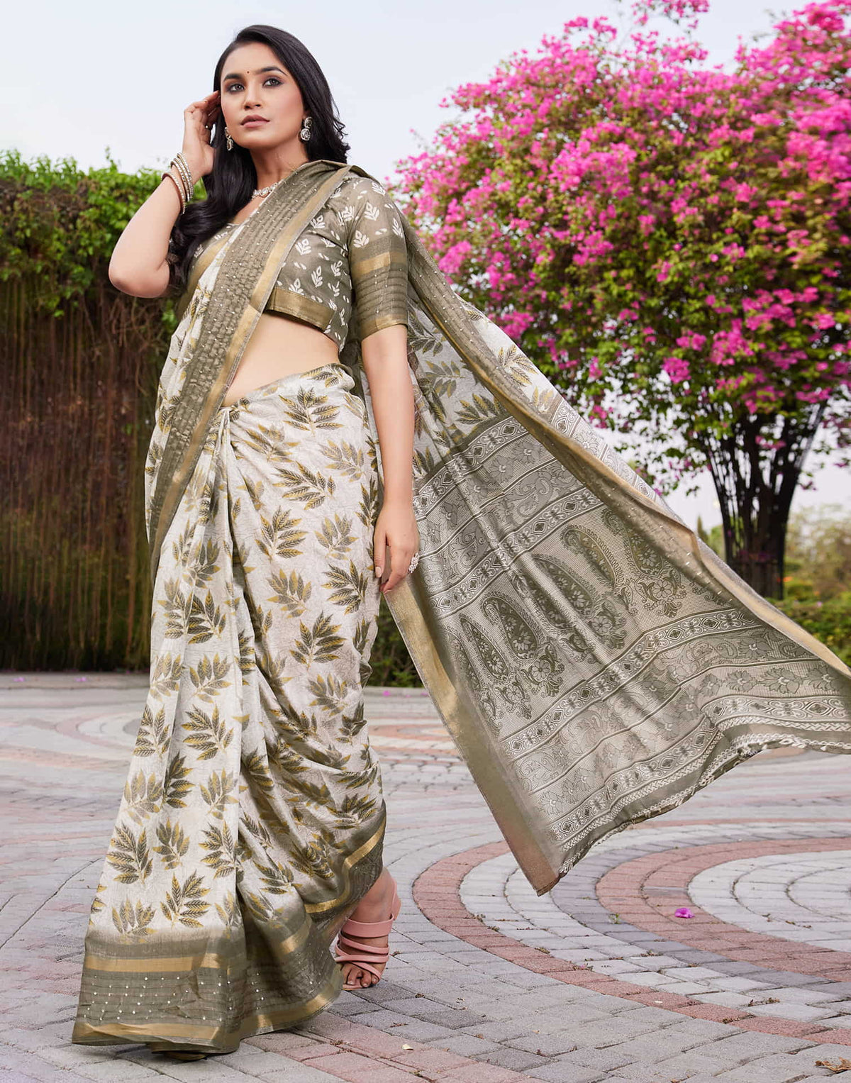 Khaki  Chanderi Printed Saree