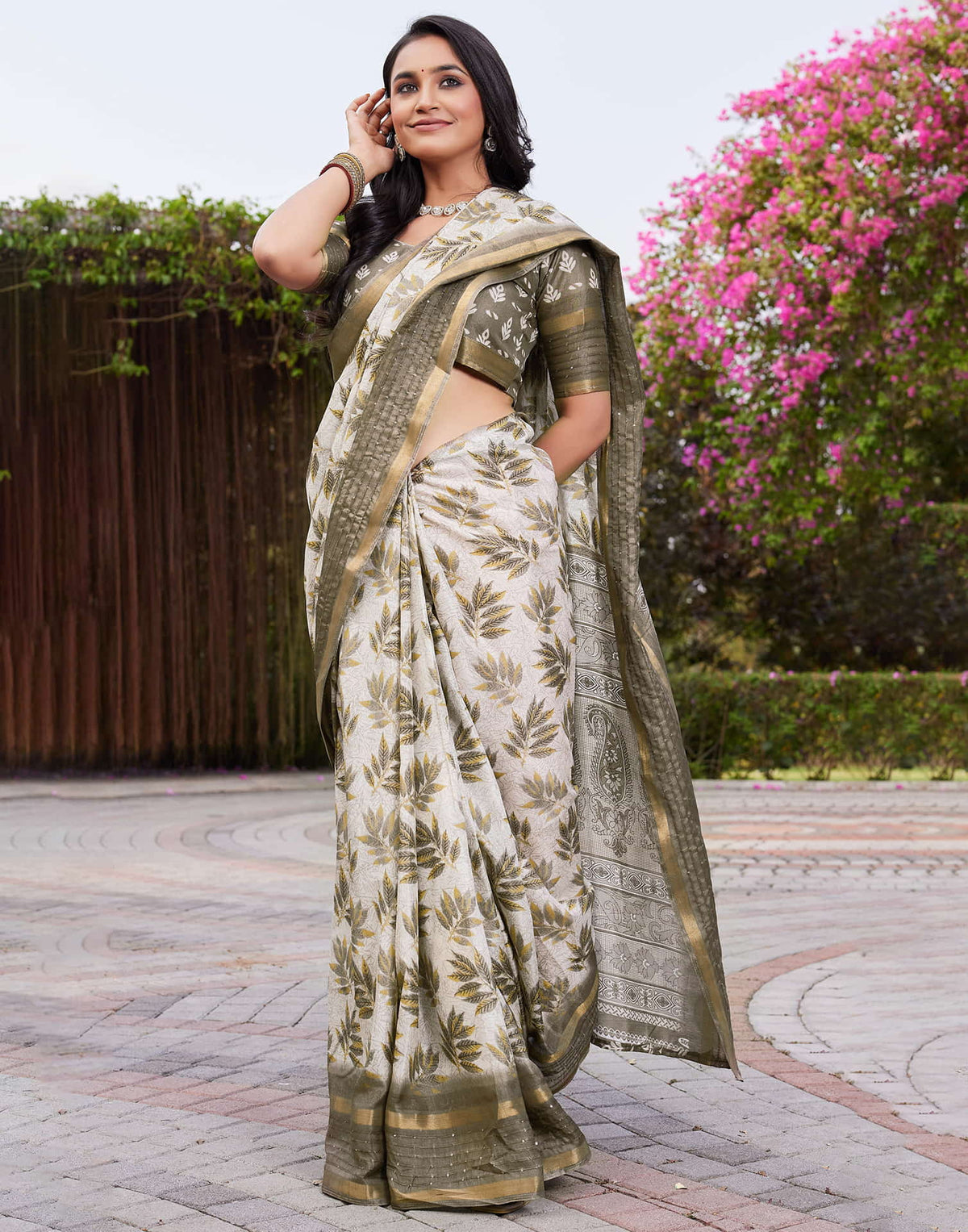 Khaki  Chanderi Printed Saree
