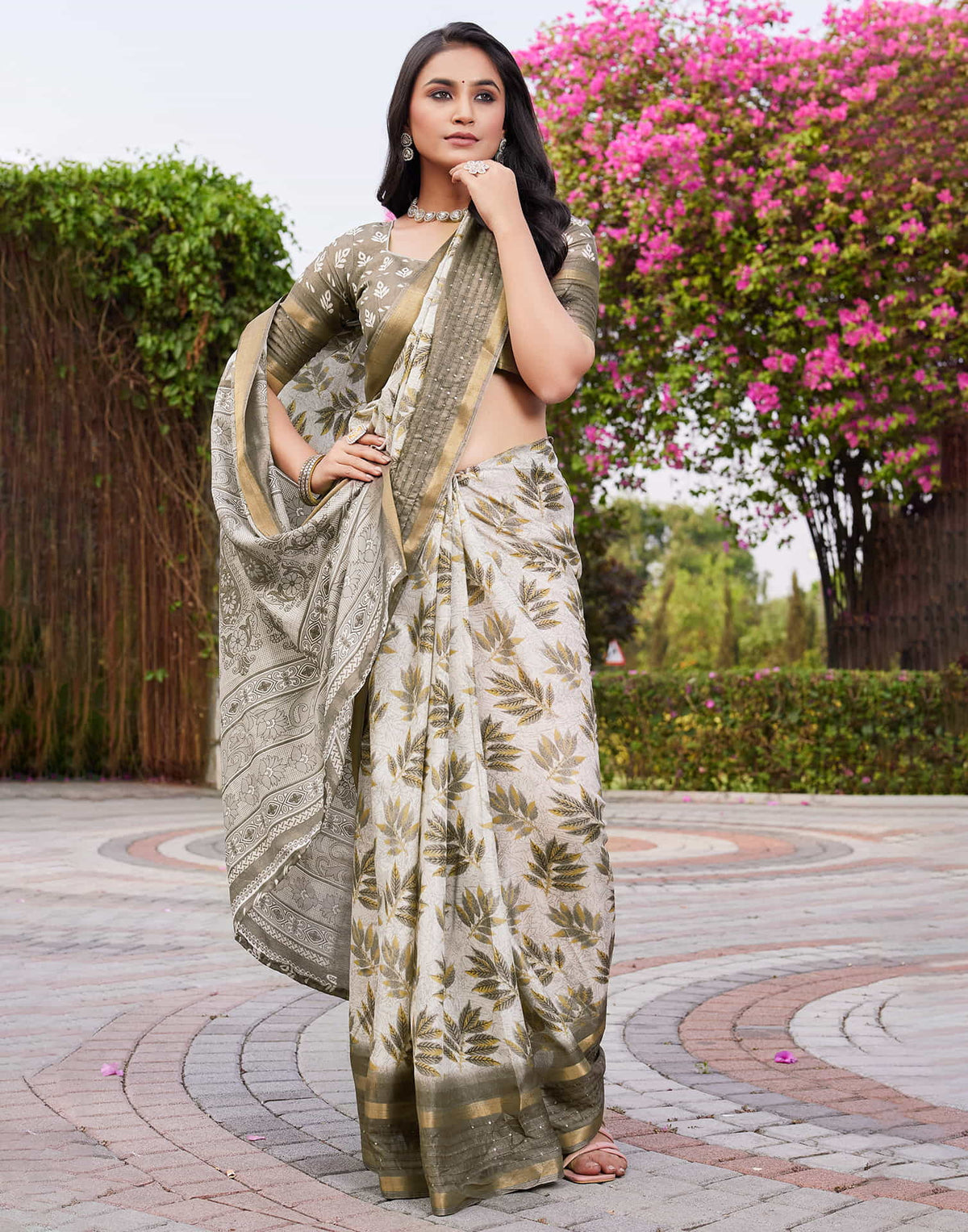 Khaki  Chanderi Printed Saree