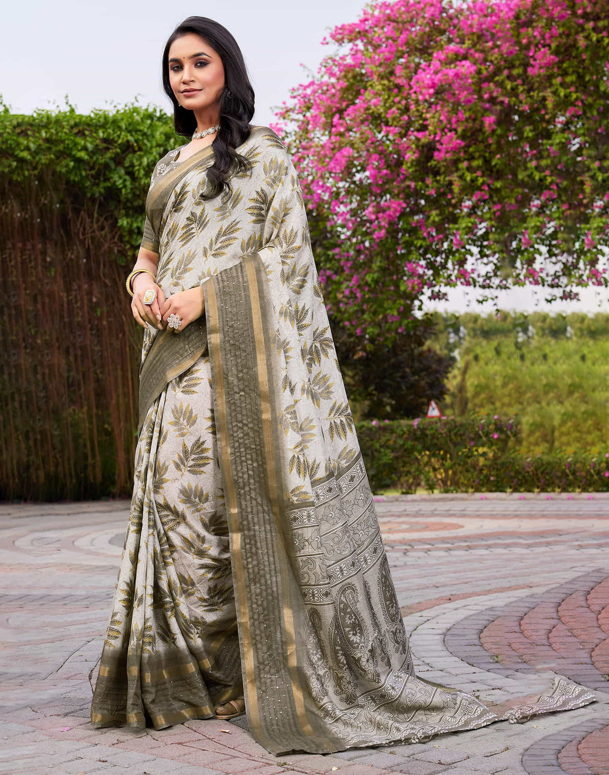 Khaki  Chanderi Printed Saree