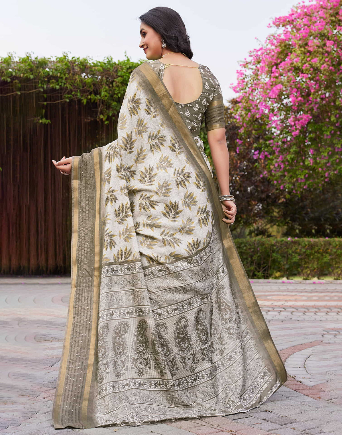 Khaki  Chanderi Printed Saree