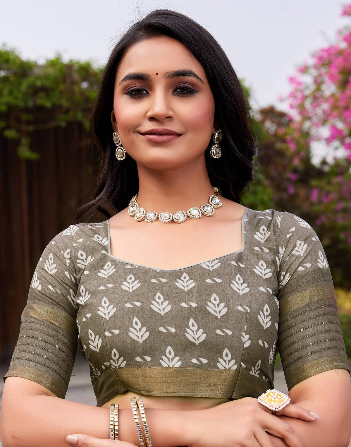 Khaki  Chanderi Printed Saree