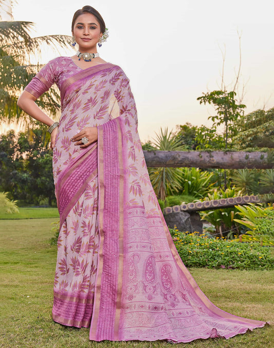 Pink Chanderi Printed Saree