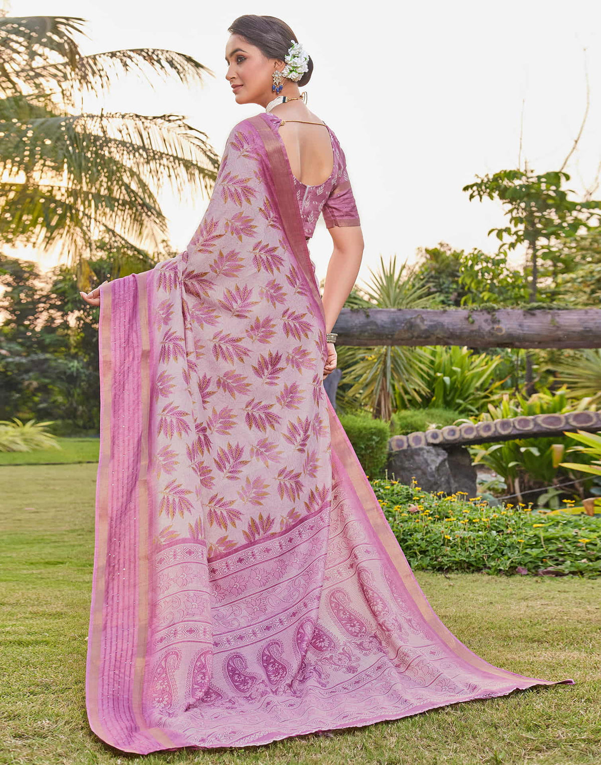 Pink Chanderi Printed Saree