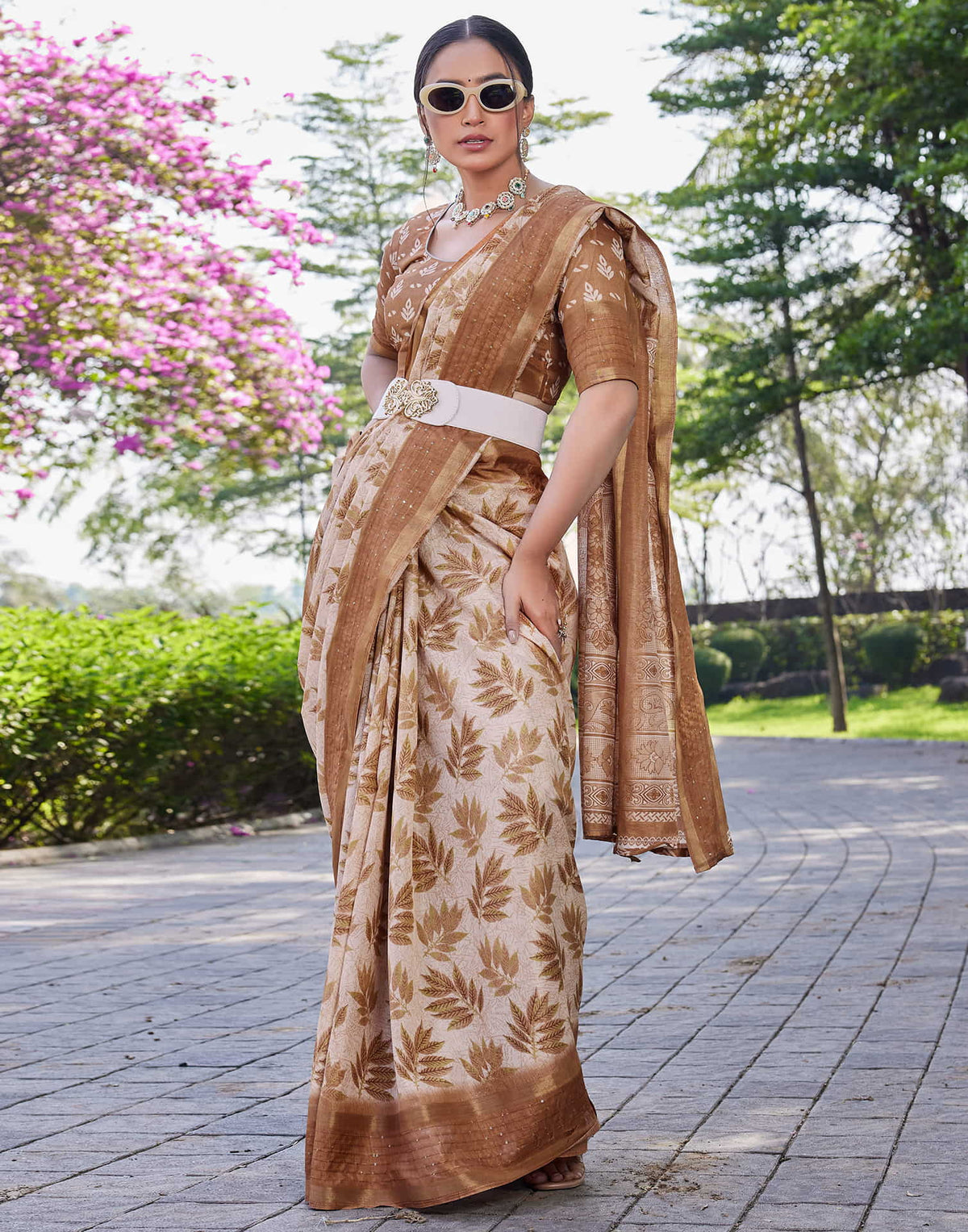 Light Brown Chanderi Printed Saree