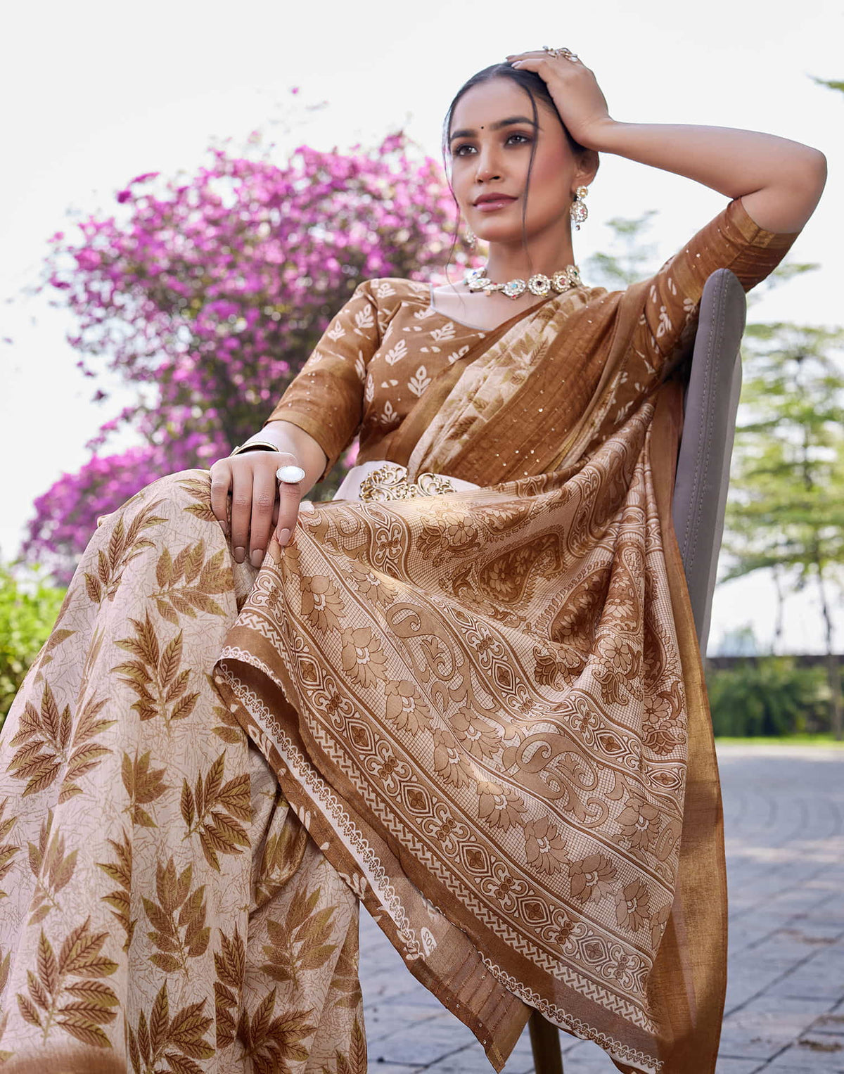 Light Brown Chanderi Printed Saree