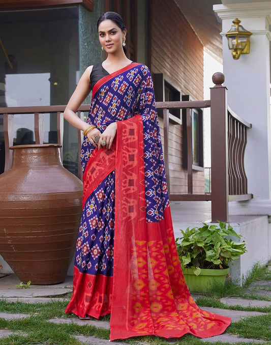 Dark Blue Cotton Ikkat Printed Saree