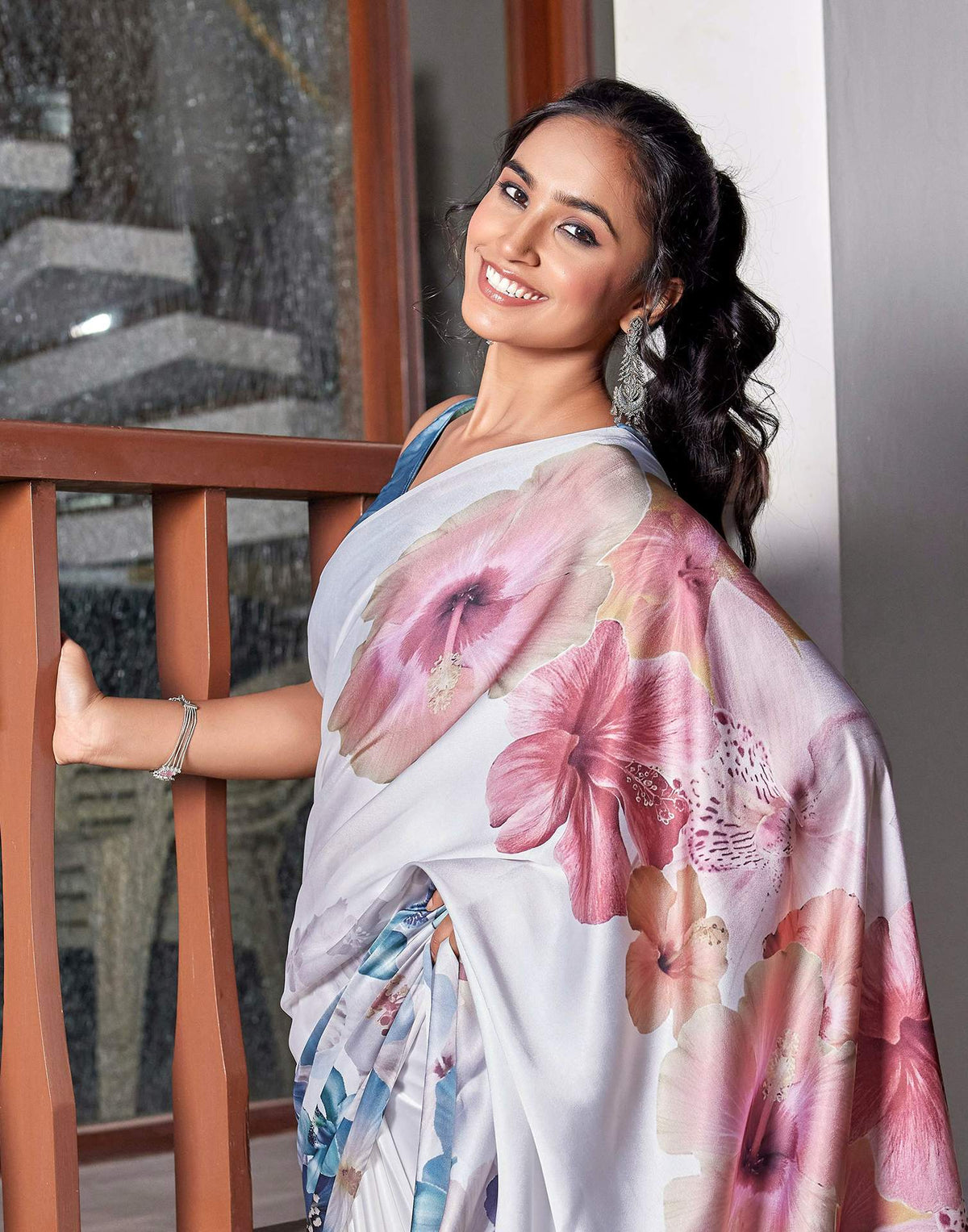 White Satin Floral Printed Saree