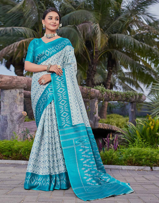 Grey Cotton Blend Ikkat Printed Saree