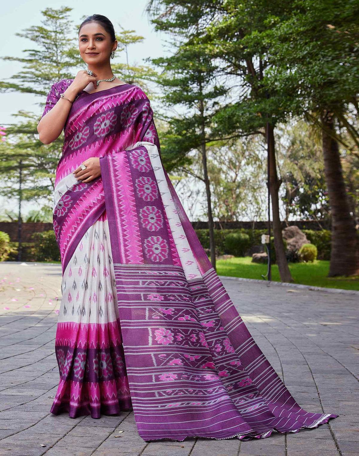 Wine Cotton Blend Ikkat Printed Saree