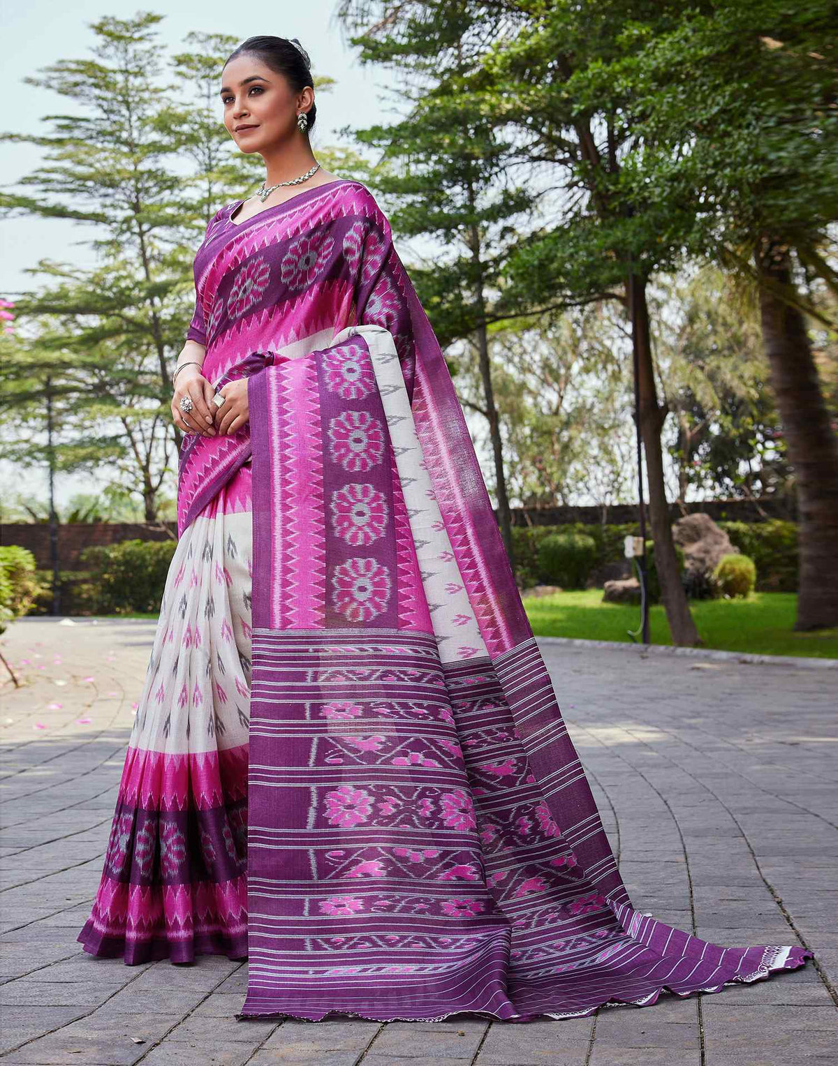 Wine Cotton Blend Ikkat Printed Saree