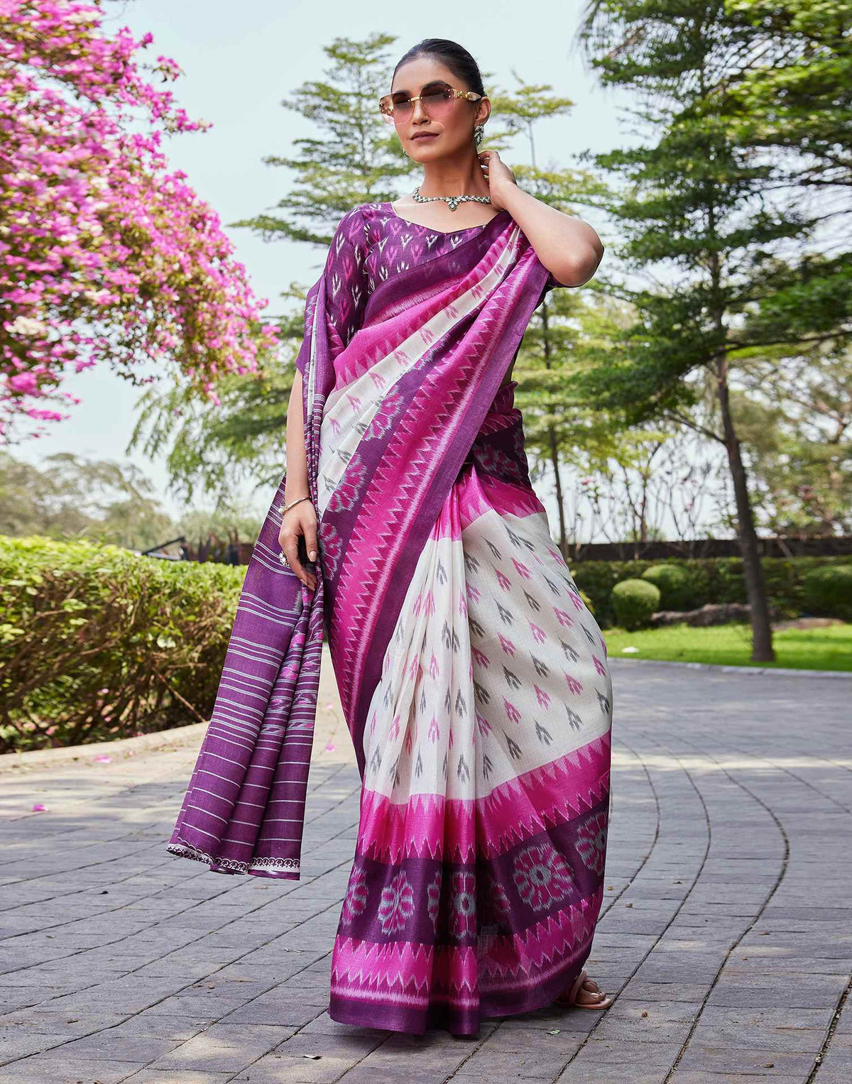 Wine Cotton Blend Ikkat Printed Saree