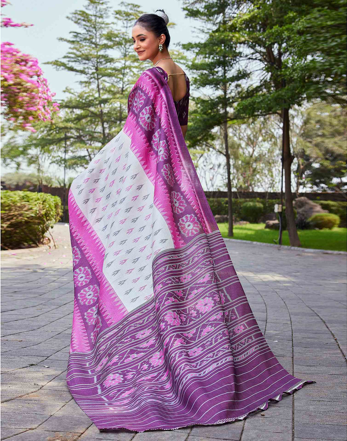 Wine Cotton Blend Ikkat Printed Saree