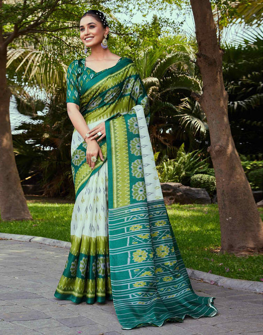 Dark Green Cotton Blend Ikkat Printed Saree