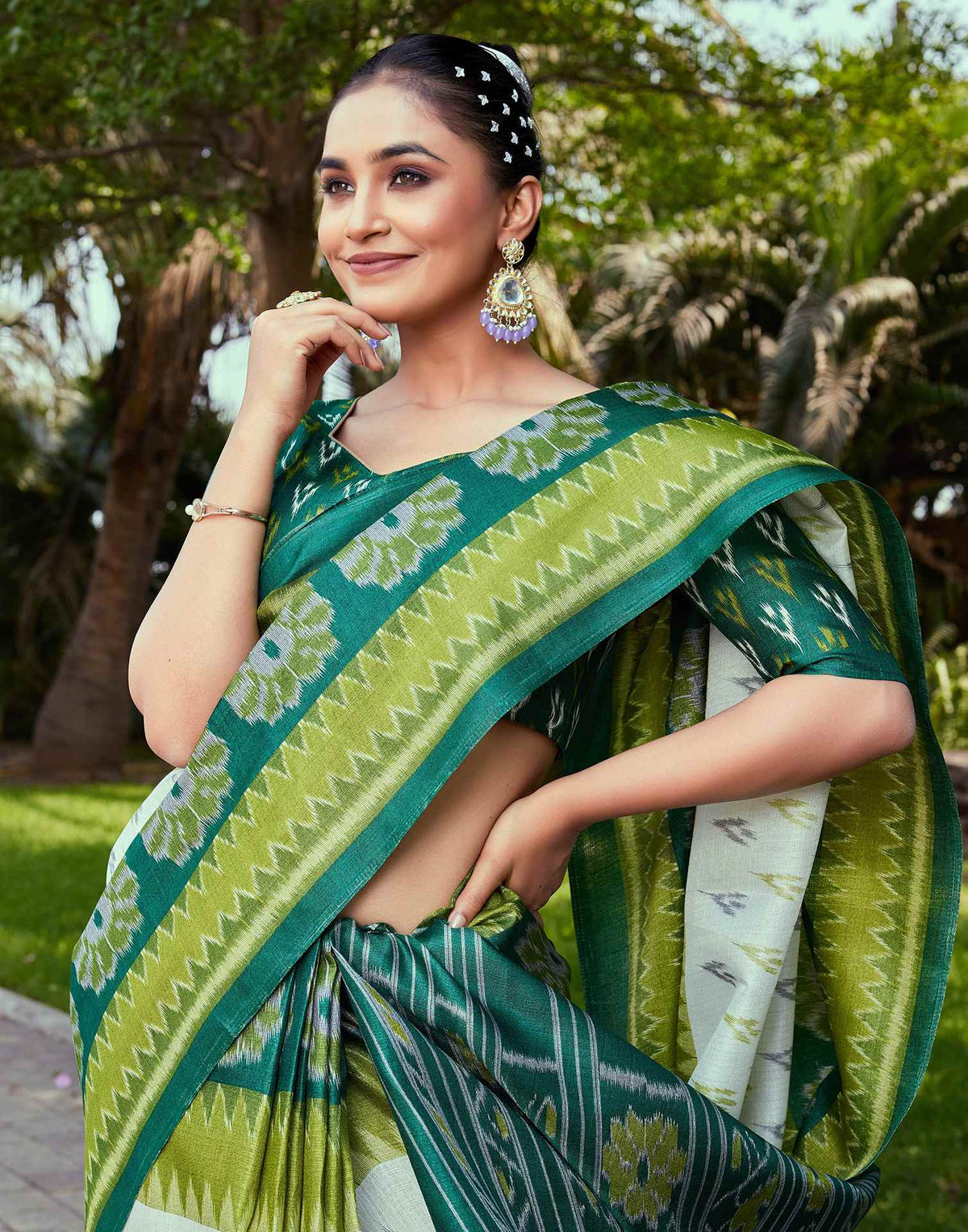 Dark Green Cotton Blend Ikkat Printed Saree