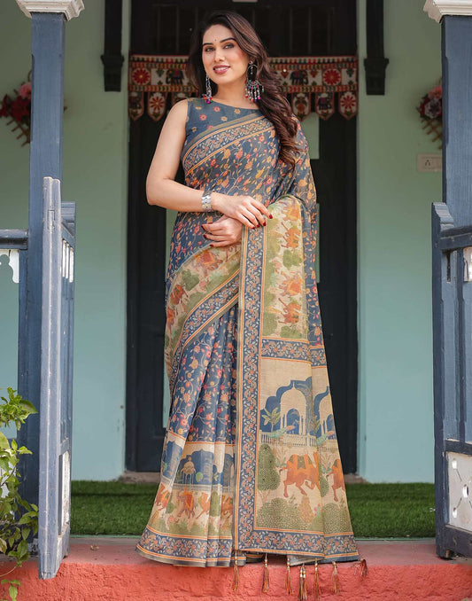 Dark Dusty Blue Linen Floral Printed Saree