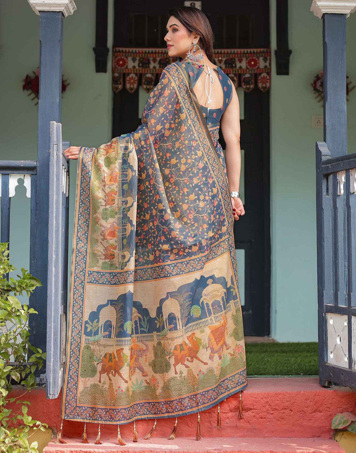 Dark Dusty Blue Linen Floral Printed Saree