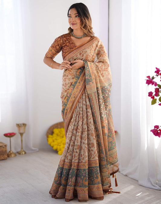 Light Grey Linen Floral Printed Saree