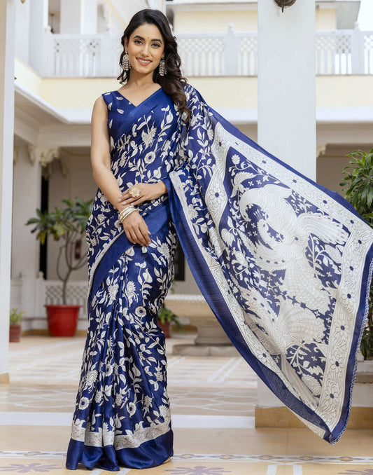 Navy Blue Cotton Blend Floral printed Saree