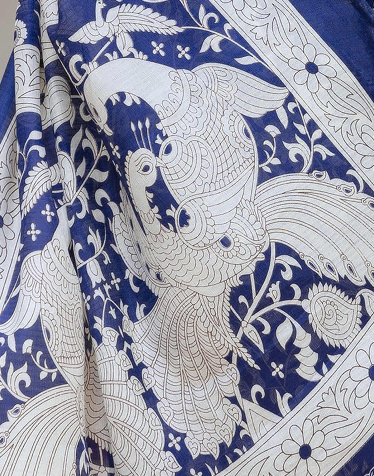 Navy Blue Cotton Blend Floral printed Saree