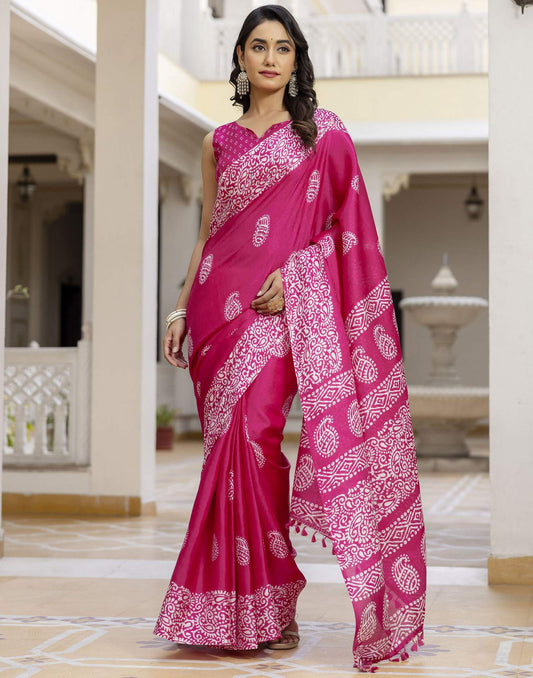 Rani Pink Cotton Blend Printed Saree