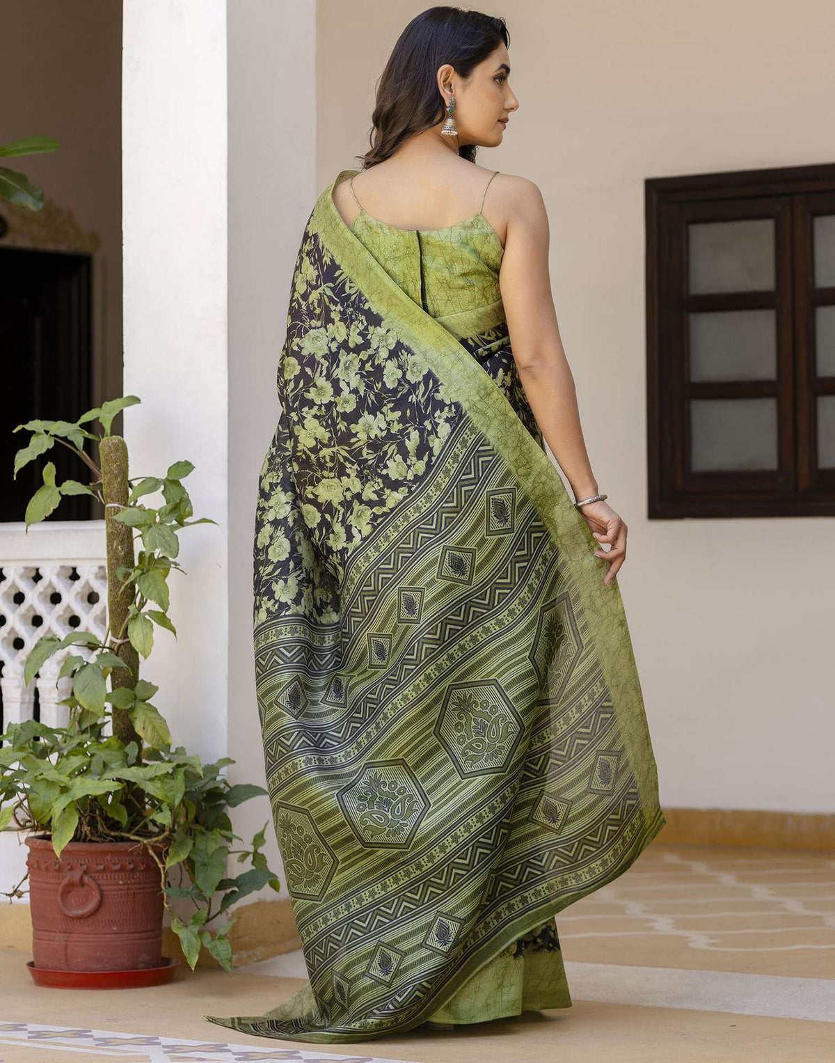 Olive Green Cotton Blend Floral Printed Saree