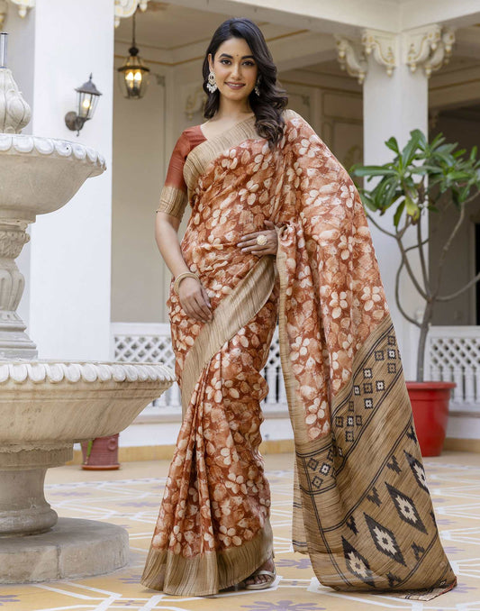 Brown Cotton Blend Printed Saree
