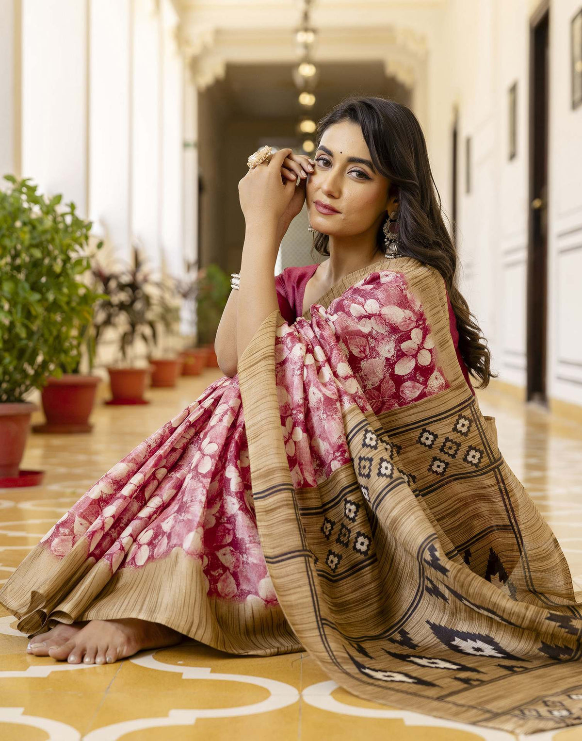 Pink Cotton Blend Printed Saree