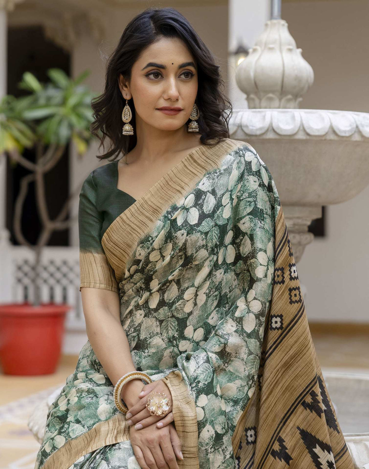 Dark Green Cotton Blend Printed Saree