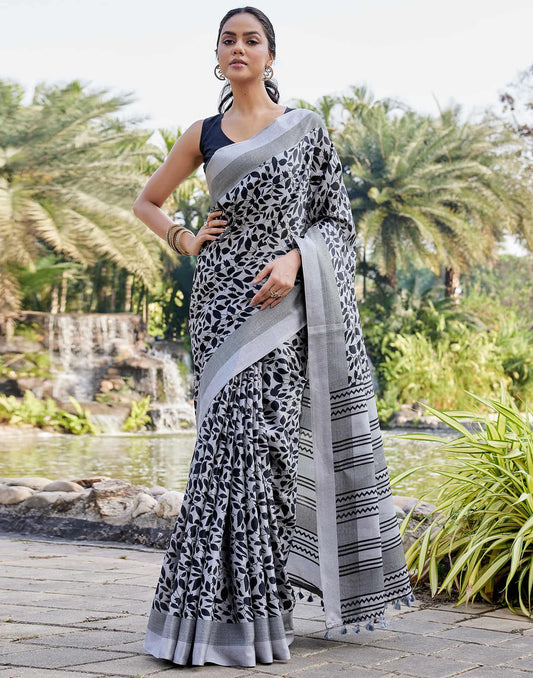 Grey Cotton Blend Printed Saree
