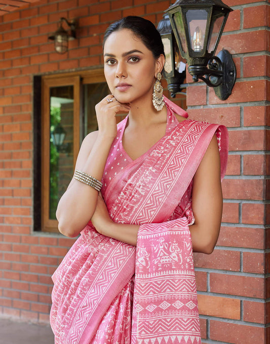 Baby Pink Cotton Blend Warli Printed Saree