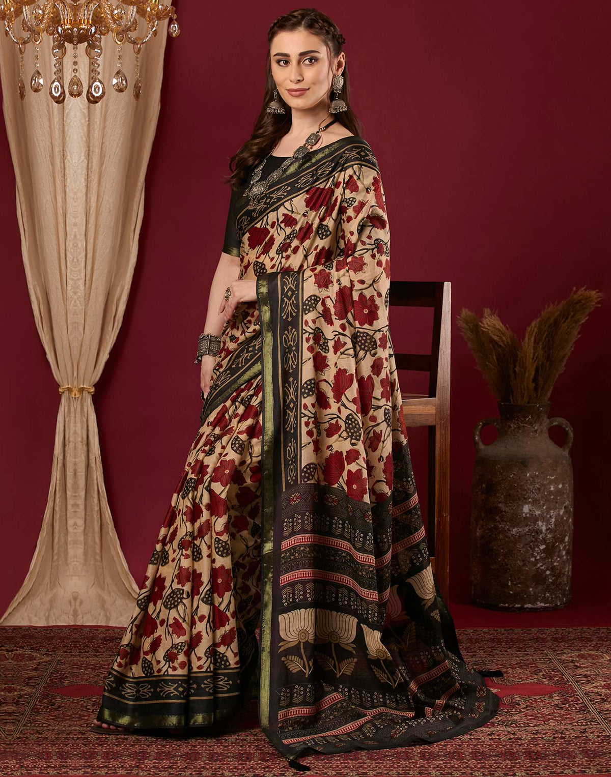 Black Pure Cotton Floral Printed Saree